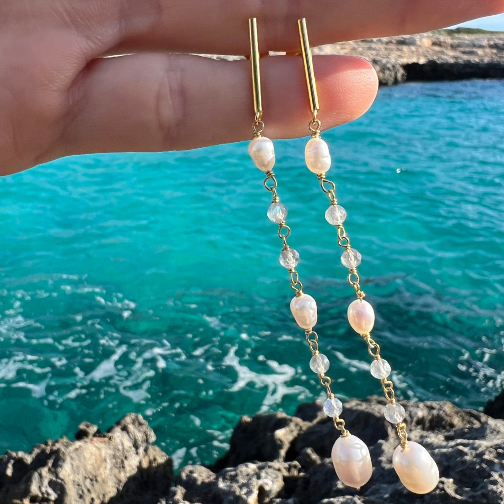 LABRADORITE AND PEARL GOLD EARRINGS